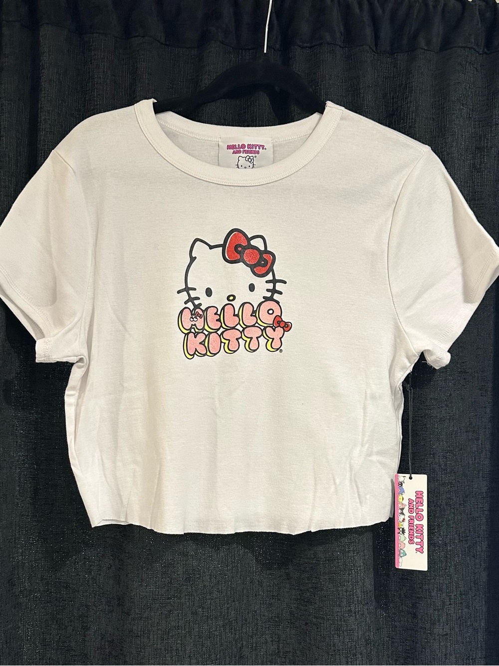 Hello Kitty White Crop Tee with Red Bow and Pink Logo